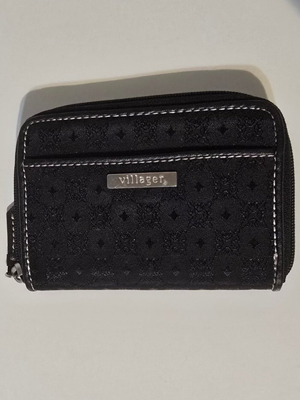 Villager Wallet Black Zip Around Coin Purse Card Holder Fabric Faux Leather